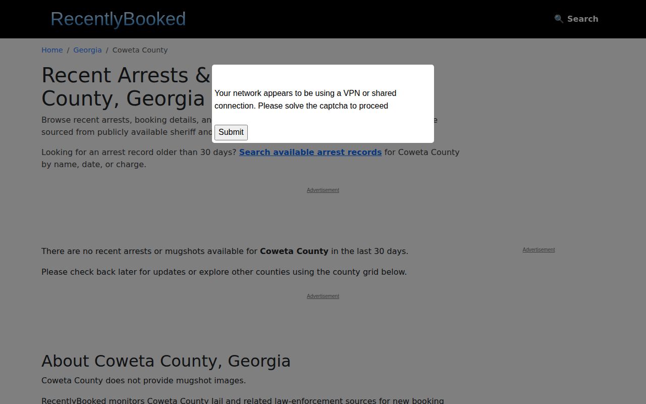 Unofficial Coweta County recent booking page with a countywide arrest view