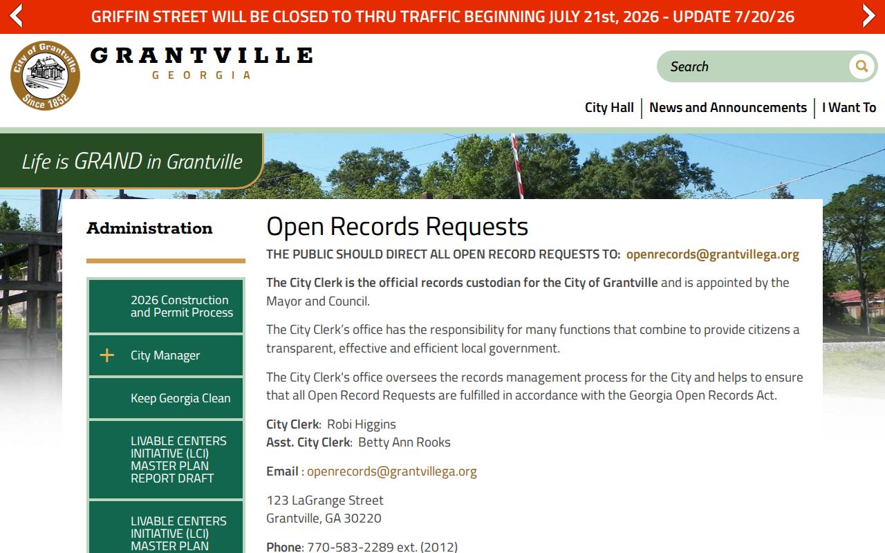 Coweta County Grantville open records page for police and booking record requests