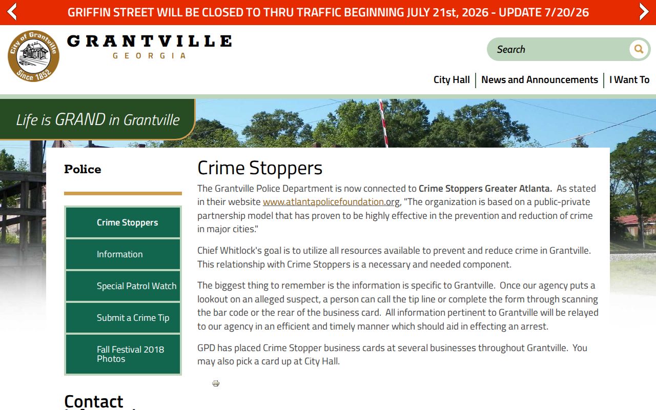 Coweta County Grantville Police Crime Stoppers page for local tip information