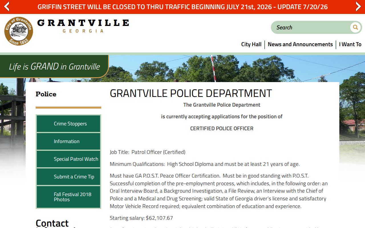 Coweta County Grantville Police Department page for city police records